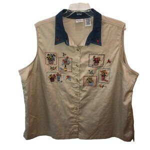 New VTG Bobbie Brooks Button Up Top Sleeveless Khaki Floral Embroidered Sz 26 28